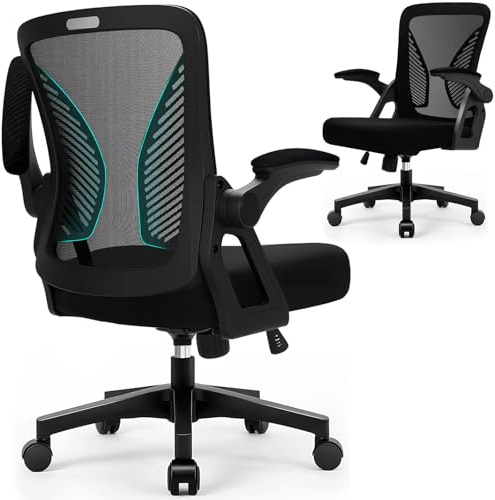 Hoolamyie Ergonomischer Bürostuhl mit Mesh Rückenlehne, klappbaren Armlehnen und Wippfunktion, Schreibtischstuhl mit atmungsaktivem Netzgewebe, Drehstuhl für Homeoffice und Büro, Schwarz