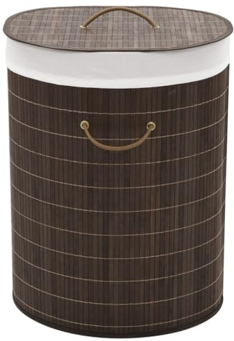 Augerlite Bambu tvättkorg, oval mörkbrun med polyesterinlägg, 45 x 35 x 60 cm, tvättbehållare med handtag, vikbar demontering för tvätt och ordning i hushållet