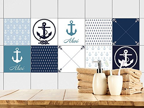 GRAZDesign Fliesenaufkleber Bad Anker maritim Blau Rot Weiß, Fliesensticker Fliesen zum Aufkleben Klebefliesen für Badfliesen - Set 10 Stück