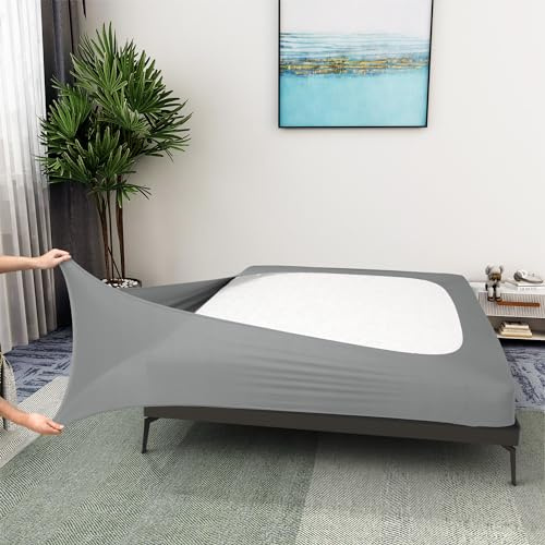 Housse pour sommier tapissier – Cache-sommier en Jersey et Extensible Autour des 4 côtés pour hôtel et Maison – Très Grand lit/très Grand lit californien/Reine Olympique, Gris Clair | Coupe ajustée pour lit standard Cal King/Queen olympique 4 côtés - Alternative pour la maison et l'hôtel