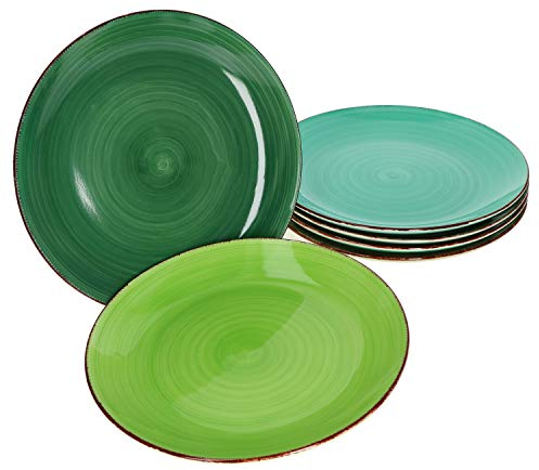 MamboCat Green Lot de 6 assiettes plates, en faïence, vertes, robustes, pour 6 personnes, avec décor moderne de tourbillons dans de superbes tons