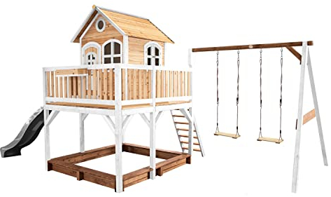 AXI Liam Maison Enfant avec Bac à Sable, 2 Balançoires & Toboggan Gris | Aire de Jeux pour l'extérieur en Marron & Blanc | Maisonnette/Cabane de Jeu en Bois FSC