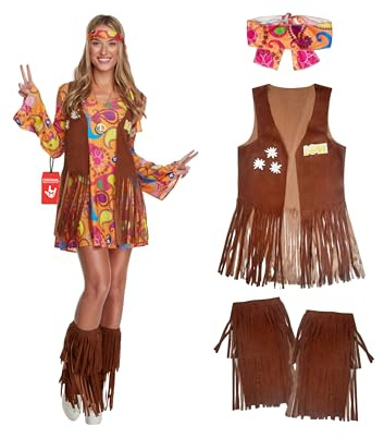 Morph Disfraz Hippie Mujer, Disfraces de Hippies, Traje Retro 60s 70s, Disfraz Mujer Carnaval - M