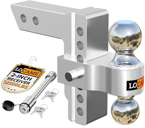 LOCAME Adjustable Trailer Hitch, Fits 2-Inch Receiver, 6-Inch Drop/Rise Aluminum Drop Hitch,12,500 LBS GTW-Tow Hitch for Heavy Duty Truck with Double Stainless Steel Locks, Silver, LC0013