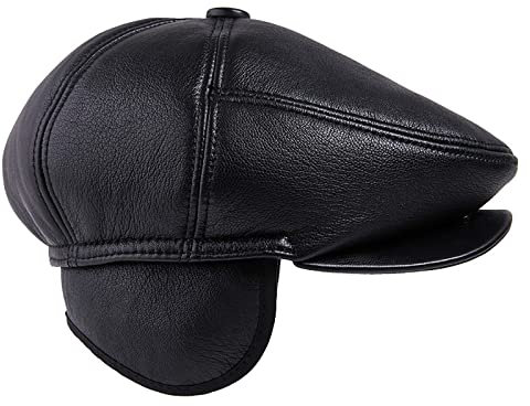 WHSPORT Herren Schiebermütze mit Ohrenklappen Schirmmütze Wintercap Barett Cap Newsboy Leder Gatsby Flatcap (Color : Black, Size : 59-60)