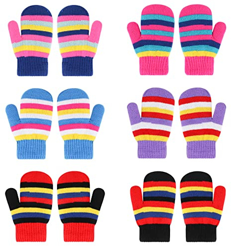 QKURT Children's Knitted Gloves, 6 Pairs Winter kids’ Outdoor Magic Mittens Color Striped Warm Knitted Gloves for Boys and Girls
