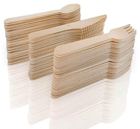 MCE-Commerce Cubiertos de madera, 50 tenedores, 50 cuchillos, 50 cucharas de abedul, color marrón A5301150