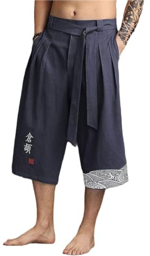 CUEYU Pantalon de Kimono Japonais Traditionnel pour Hommes, vêtements asiatiques, Pantalon de Bain, décontracté, Ample, Style Japonais, Pantalon Court en Lin, Bleu