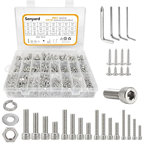 890pcs M6 M5 M4 M3 Metric Screw Assortment,Metric Bolts and Nuts Kit（with Lock&Flat washers・Wrenches） Socket Head Cap Screws 304 Stainless Steel Hex Head Metric Screws Assortment Set with Case