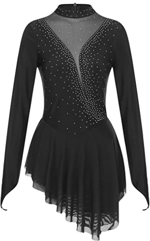 Oyolan Women's Figure Skating Gymnastic Leotard Glitter Competition Dress Mesh Lyrical Dance Costume A02 Black S