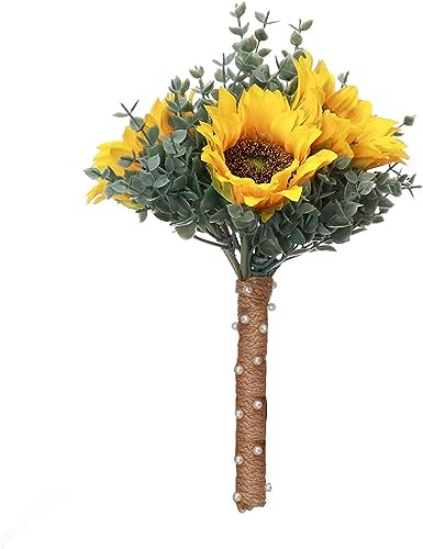 HXSCOO Asodomo Eukalyptus-Sonnenblumen-Hochzeitsstrauß for die Braut, künstliche Seidenblumen, Blumenstrauß mit Blumen for Hochzeit, Kirche, Party, Heimdekoration