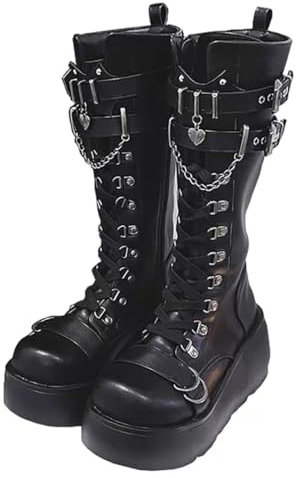 Damen-Gothic-Stiefeletten mit Plateau und Fledermausschnallen, klobige Absätze, runde Zehenpartie, Reißverschluss, Punk-Motorrad-Kampfstiefel, bequeme kurze Gothic-Stiefeletten