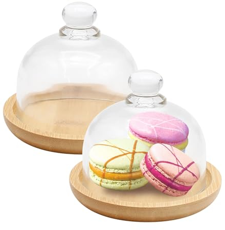 2 Sets Mini Glass Cake Stand Display Domes with Wooden Bases - Clear Glass Cloche Bell Jars for Desserts, Cheese, Candy, and Plants - 3.4 Inch Inner Diameter