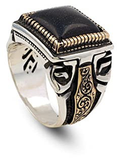 Jewellery Pit - Bague en onyx spatial, chevalière en vraie pierre naturelle, 925 bague en argent sterling hommes, Conception Ancienne, Fait main, avec adeau chiffon de nettoyage en argent (53)