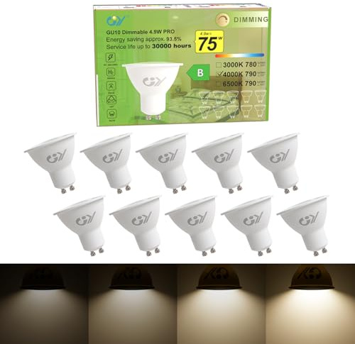 GY GU10 Led Dimmbar Neutralweiss Lampe, 4.9W 790 Lumen 4000K Neutralweiß Glühbirnen,75W lampe ersetzt,Abstrahlwinkel 120° Leuchtmittel,GU10 Dimmbar, Energiesparlampe,10 Stück