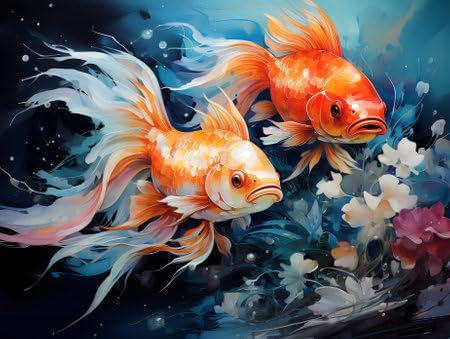 adrium Acryl-Bild 80 x 60 cm: Bunte Fantasy-Unterwasserwelt mit wunderschönen Fischen. Ölgemälde im abstrakten Stil. Generative KI. (210899755)