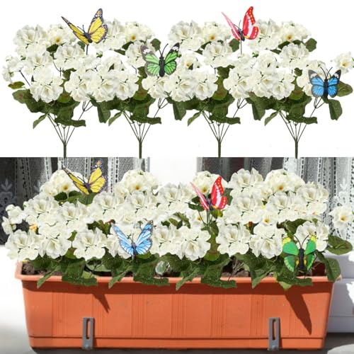 Avoik 4 Bündel Künstliche Blumen Geranien Faux Pflanzen Blumen für Draußen Frühling Sommer Dekoration Gefälschte Seidenblumen UV-beständig Innen Außenpflanzen für Garten Veranda Hochzeit Haus (Weiß)