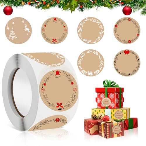 Aufkleber Weihnachten, 500 Stück Weihnachtsgeschenketiketten, Weihnachten Selbstklebende Geschenketiketten, Kraftpapier Optik Weihnachtsaufkleber, Für Party Geschenkverpackungen Umschlag (6 Muster)
