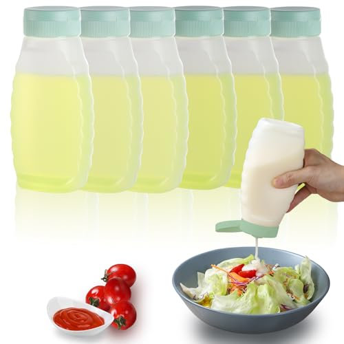 RAMFIYN 6 Pack Condiment Squeeze Bottles for Liquids Ketchup Oil Mustard Hot Sauce Bottles with Caps 380ml/12oz Plastic Squeeze Bottles for Sauces Salad Dressing Bottles - Green Caps