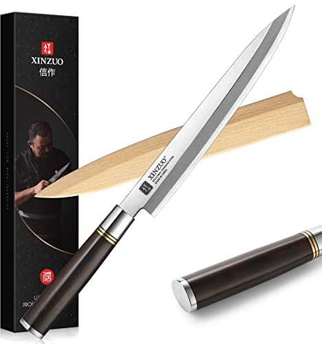 XINZUO Acero Inoxidable 24cm Cuchillo Yanagiba, X7Cr17MoV Acero Cuchillo de Sushi Sashimi Cocinero Profesional, Hoja de un Solo Filo -Mango de Madera de Ébano -con Vaina de Madera