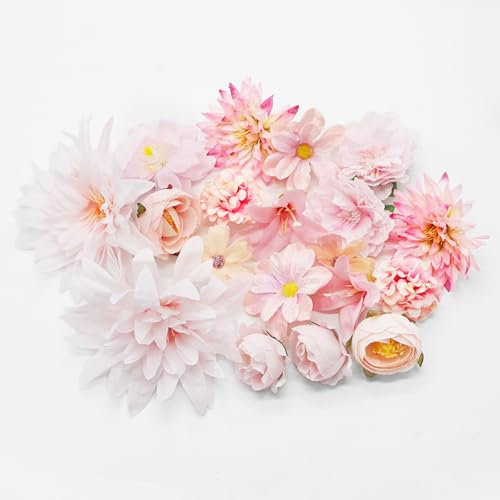 Yeelua Lot de 20 têtes de fleurs artificielles en soie - Mélange de roses artificielles - Pivoine - Dahlia - Décoration de gâteau - Fleurs de mariage - Décoration de table (rose)