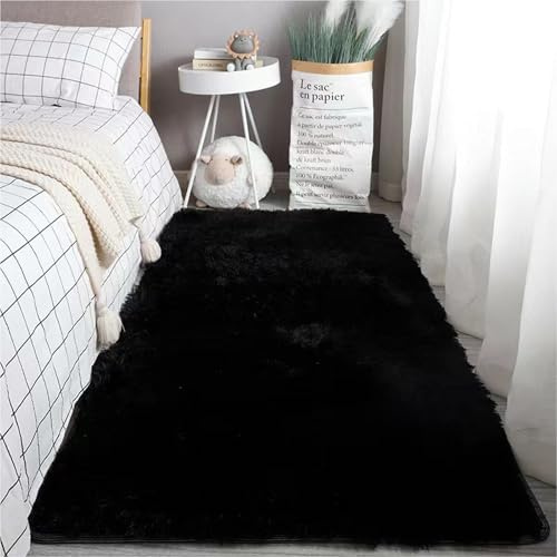 YUANWAN Hochflor Teppich Wohnzimmer 140 x 130 cm Anti-Rutsch Unterseite, Waschbar Moderner Wohnzimmer Teppich Hochflor Flauschig Teppich für Schlafzimmer, Wohnzimmer, Schwarz