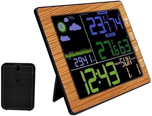 WEYFH Termometro da Ambiente Stazione meteorologica con venature del Legno Barometro Termometro Igrometro Sensore Wireless Display LCD Previsioni Meteo Sveglia Digitale