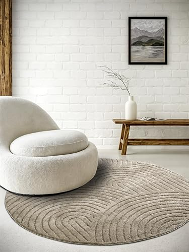 Elle Decoration Panglao moderner Hochflor Teppich - Wohnzimmerteppich Flauschig – Hoch-Tief Effekt Skandi Boho Geometrisch Wellen, Bogen - für Wohnzimmer, Schlafzimmer, Küche - Taupe, 160cm