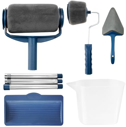 8 PCS Paint Roller Set with Extension Pole, Paint Rollers and Trays for Walls, Ceilings, Trim & Doors - Includes Corner Cushion, and Easy Pour Kettle - Ideal for DIY Home Decoration & Renovation
