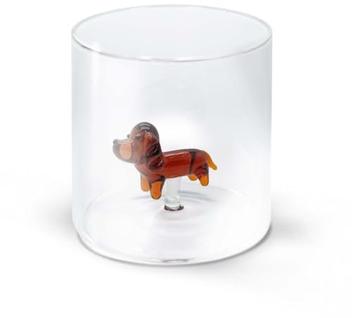 WD Lifestyle - Bicchiere in Vetro Borosilicato 250ml con Decorazione in Vetro Colorato Interna (Bassotto)