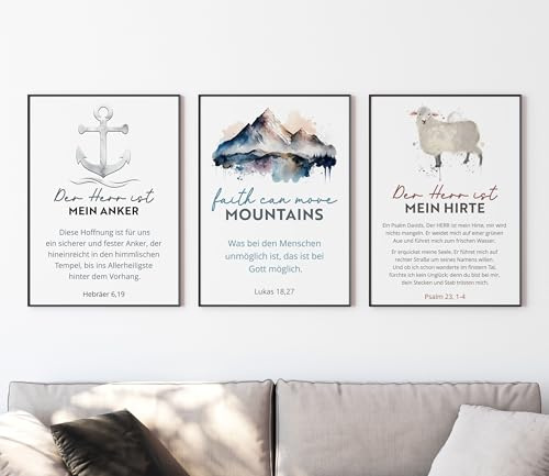 timalo SALT-AND-LIGHT® Christliche Wandbilder Bibelverse Deutsch Poster 3 Stück im 3er Set Wanddeko Wohnzimmer Deko Schlafzimmer | Der Herr ist mein Hirte | 70x50cm