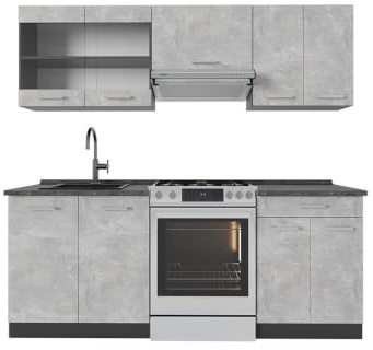 Vicco Küchenzeile R-Line, Beton/Anthrazit, 200 cm | 5 Module · Höhenverstellbare Füße · AP Anthrazit inkl. · Robuste Fronten · Mit Glasschrank · Frei kombinierbar