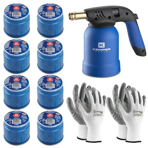 Lampada per Saldare Kemper + 8 Bombole Gas Butano Sicuro + 2 Guanti Omaggio | Cannello Accendifuoco Professionale per Fai-da-Te, Barbecue, Diserbo, Saldature Leggere
