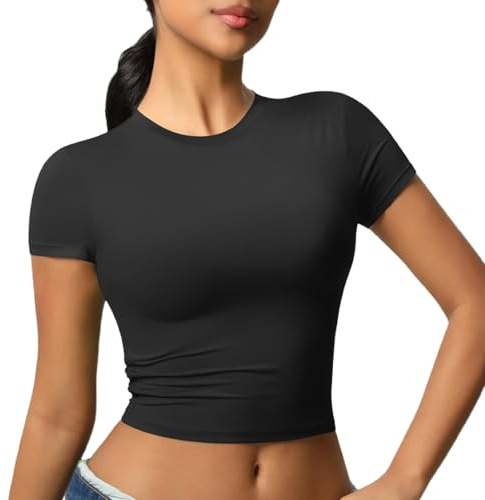 JTSONN T-shirt dam sport kortärmad sport t-shirt andningsbar funktionell tröja rund hals löpning kompression skjorta yoga gym träning, Svart, M