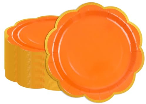 EVYIENEN 50 Pcs Orange Paper Plates,7 Inch/18cm Disposable Scalloped Dessert Plates Paper Tableware Plates for Birthday Baby Shower Wedding Party Decorations Supplies