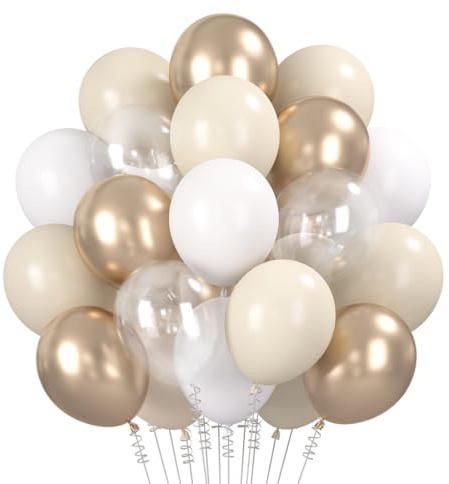 Luftballons Beige Weiß, 60 Stück Luftballons Gold Weiß Helium Ballons Hochzeit Creme Weißsand Latexballon Metallic Champagner Gold Durchsichtige Luftballon für Hochzeit Geburtstag Brautparty Jubiläum