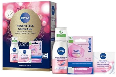 NIVEA Essentials Skincare Kit cofanetto regalo donna, Set regalo donna con Crema Viso Idratante Nutriente 50 ml, Struccante Occhi Waterproof 125 ml e Burrocacao Labbra Labello Soft Rosé 4.8 g