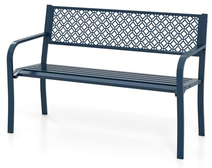 KOMFOTTEU Panca da Esterno in Ferro, Panchina da Giardino 2-3 Posti, con Schienale Ergonomico, Braccioli e Seduta Curvata, Design Classico, Panca da Terrazza, Parco, Cortile, Patio (Blu)