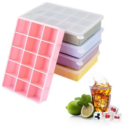 5 Pack Silicone Ice Cube Trays with Lids, 75 Cubes Ice Trays, BPA Free & Reusable Ice Cube Moulds for Ice Cubes, Drinks, Chocolates, and Foods, Dishwasher, Refrigerator, Freezer, and Microwave Safe.