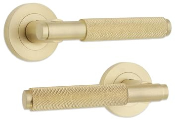 Infinity Decor Pair of Knurled Lever Door Handles on Rose Set in Satin Brass Finish - Pull Handles Ideal for Home and Office Internal External Doors