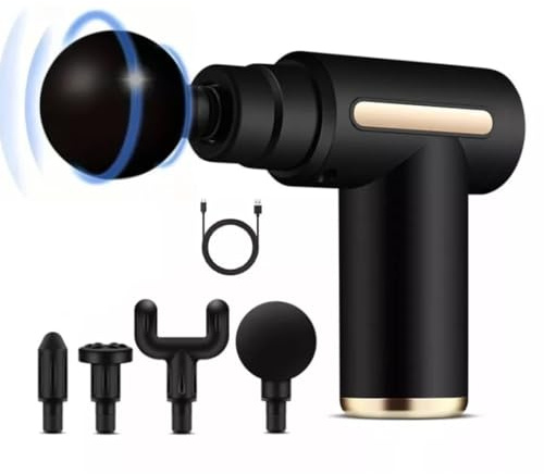 Portable Deep Tissue Massage Gun – Handheld Percussion Muscle Massager for Athletes & Pain Relief – Quiet, Rechargeable, 6 Speeds, 4 Heads – Compact Recovery Tool for Gym, Travel & Office