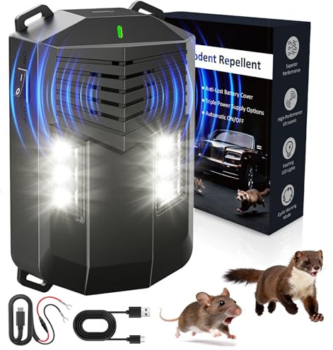 Marderschreck Auto Ultraschall Marderabwehr mit Blitzlicht, Mäuse Vertreiben Marderschreck Dachboden, Mäuseabwehr Batteriebetrieben mit 12V Autobatteriekabel&USB Effektiver, Mäuseschreck für Haus, KFZ