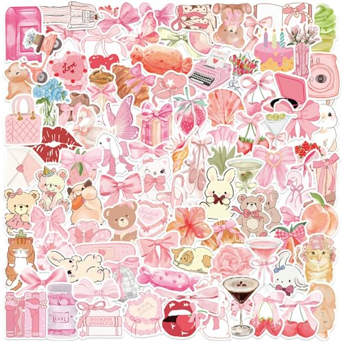 EDLMKM 100pcs Coquette Stickers Pack, Cute Book Stickers, Pink Cartoon Waterproof Reusable Sticker, Reading Sticker, for Kindle, Scrapbook, Water Bottles, Laptops