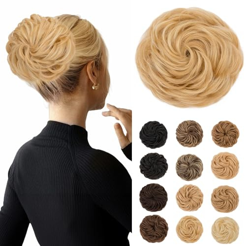Haarteil mit Gummiband Dutt Haarteil Haargummi Lockig 45g Groß Dutt Haarteile Echthaar Unordentliche Hochsteckfrisuren Messy Bun Haarverlängerung für Damen Mädchen, #18/613 Goldblond/Blond