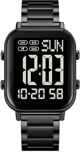 findtime Digital Uhren Herren Digitaluhr Große Ziffern Senioren Business Digitale Armbanduhr Männer Metallarmband Luxus Uhr LED Dualzeit Datum 12/24H Stoppuhr