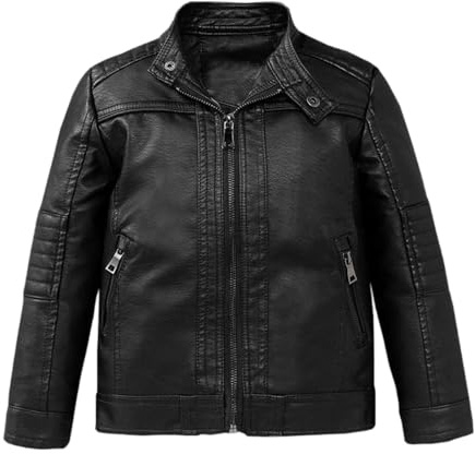 Lengender Giacca da motociclista in similpelle per bambini e ragazzi, a maniche lunghe, in finta pelle, per primavera, autunno, Nero A, 160 cm