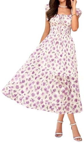GRACE KARIN Women's Floral Summer Dress, Elegant Ruffle Sleeves Wedding Guest Dress, Elastic Waist A Line Midi Dresses