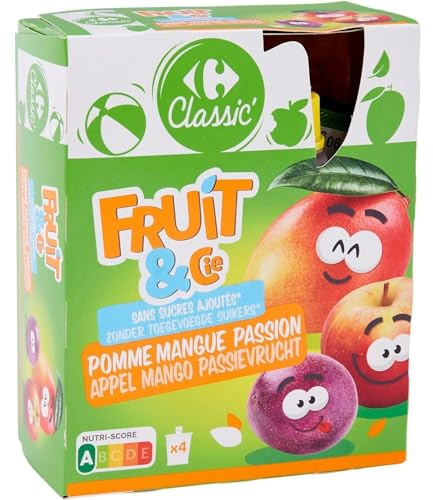 CARREFOUR CLASSIC - Spécialité de Pommes, Mangues et Fruits de la Passion sans Sucres Ajoutés - Compote de Fruits - les 4 gourdes de 90g - 360g - Le Lot De 4
