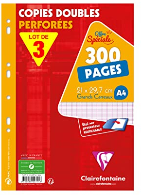 Clairefontaine 447111AMZC - Set mit 3 Klausurbögen, je 150 Blatt, französische Lineatur, DIN A4, 21 x 29,7cm, 90g, 1 Set, Weiß
