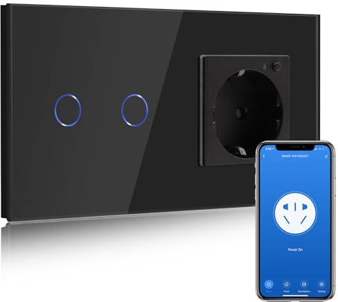 BSEED Smart Alexa Lichtschalter,WIFI Lichtschalter mit Steckdose Kompatibel mit Alexa,Google Home,Glas Touchscreen-schalter,Smart Lichtschalter 2 Fach 1 Weg Schwarz(Neutrale Leitung benötigt)